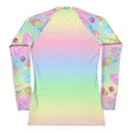 Colorful Rainbow Candy Rash Guard featuring a fun design, perfect for active wear and sun protection. Ideal for sports!