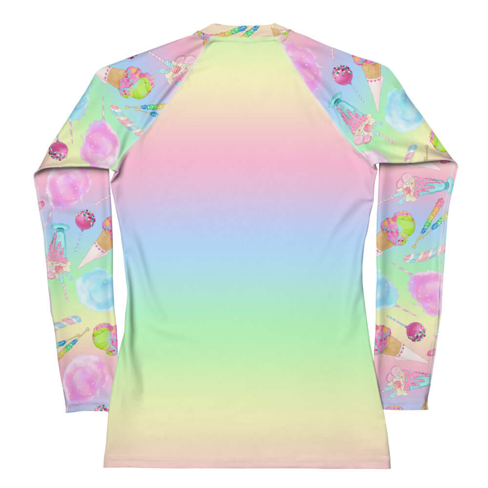 Colorful Rainbow Candy Rash Guard featuring a fun design, perfect for active wear and sun protection. Ideal for sports!