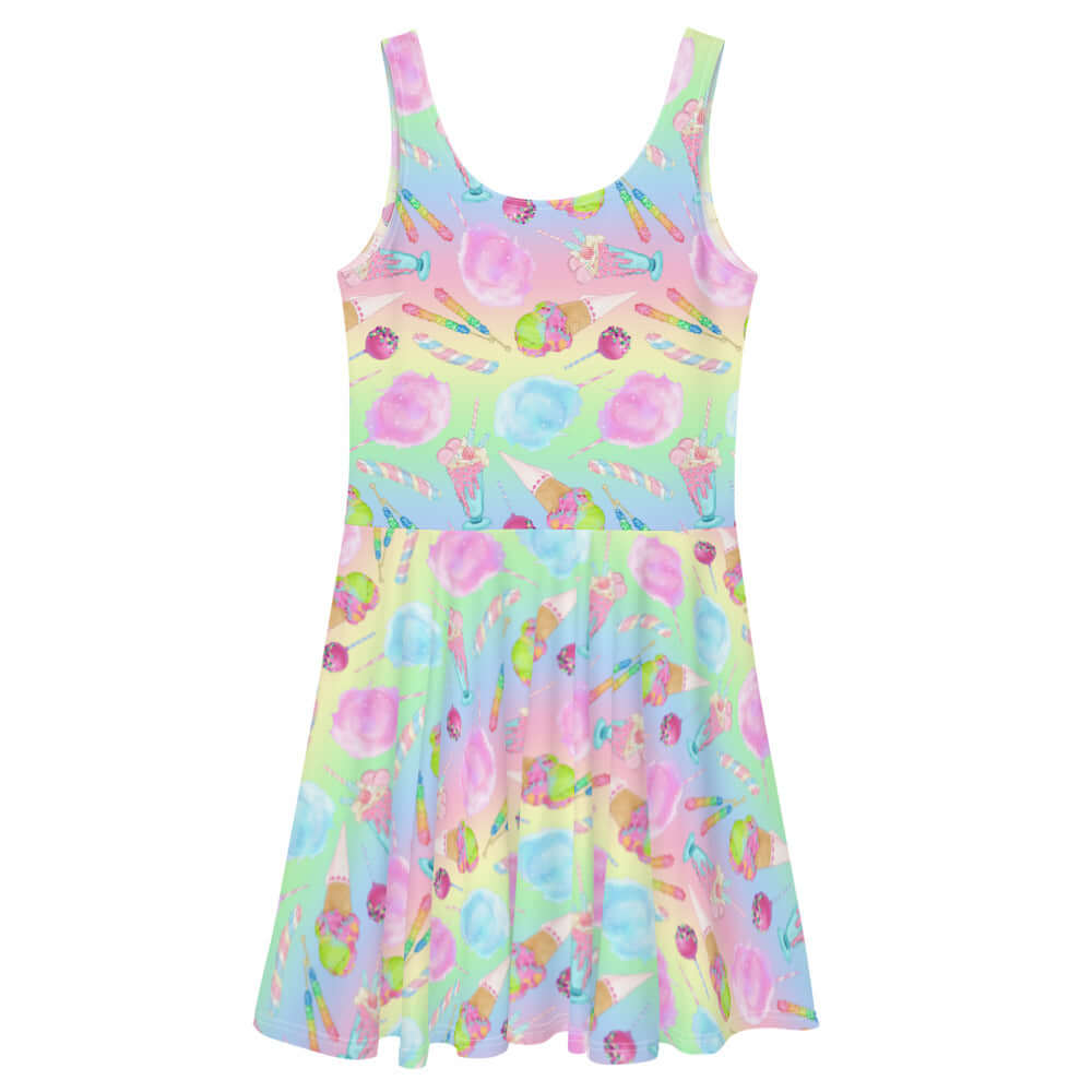 Rainbow Candy Skater Dress features a vibrant print, perfect for summer outings and festivals. Enjoy its soft, flared design!