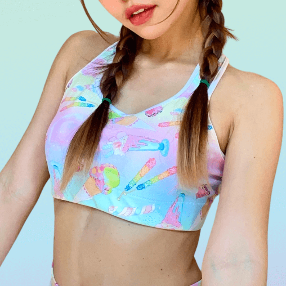 Bright and vibrant Rainbow Candy Sports bra featuring colorful sweet treat designs, perfect for stylish workouts.