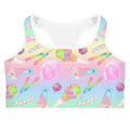 Bright and colorful Rainbow Candy Sports bra featuring sweet treat designs, perfect for vibrant workouts.