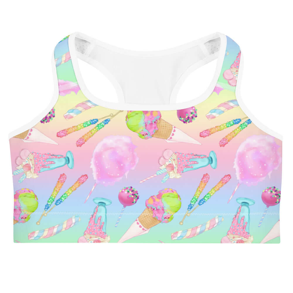 Bright and colorful Rainbow Candy Sports bra featuring sweet treat designs, perfect for vibrant workouts.