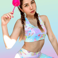 Bright and colorful Rainbow Candy Sports bra perfect for stylish workouts, featuring a fun candy design and moisture-wicking fabric.