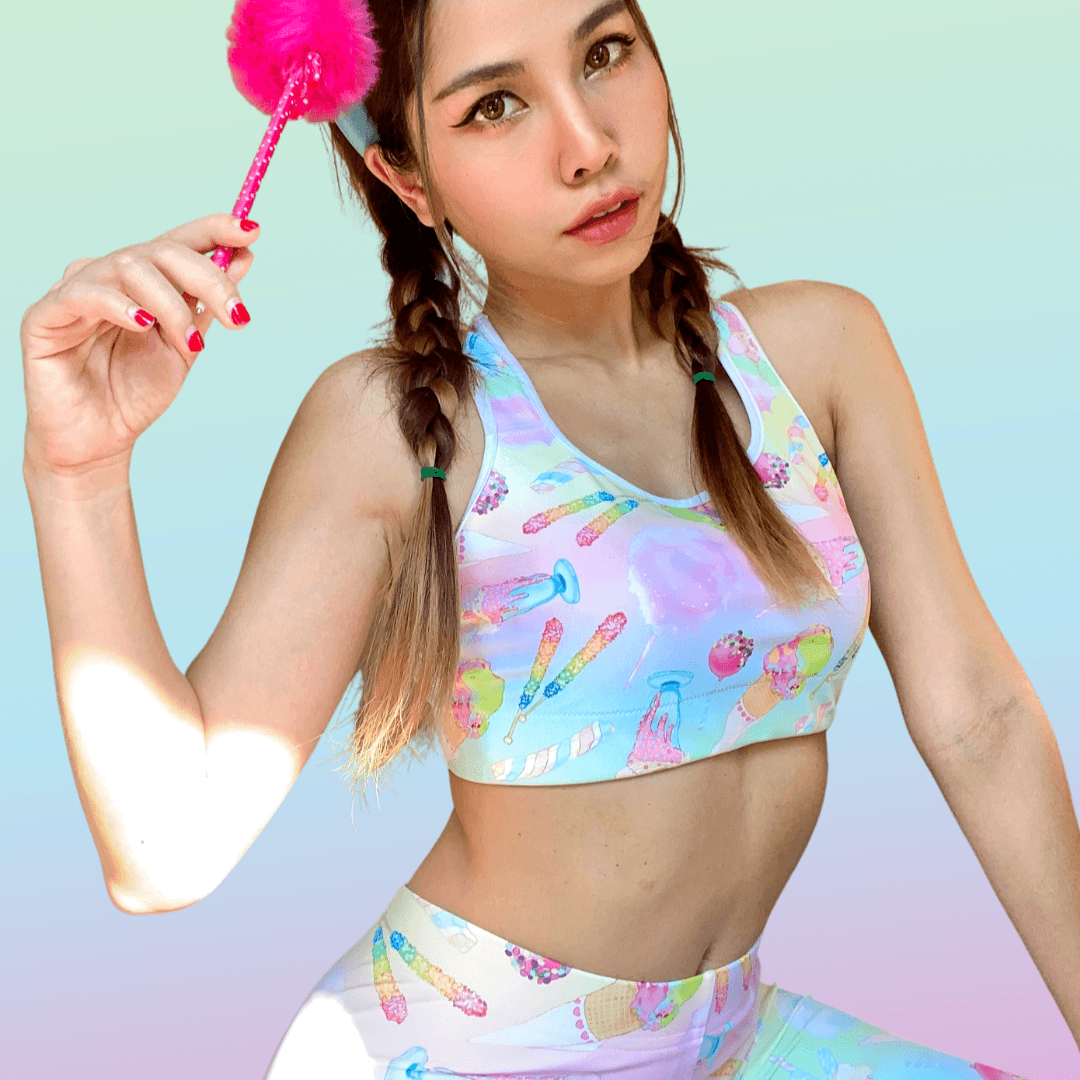 Bright and colorful Rainbow Candy Sports bra perfect for stylish workouts, featuring a fun candy design and moisture-wicking fabric.