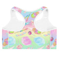 Rainbow Candy Sports bra features a colorful design inspired by sweet treats, perfect for vibrant workouts.