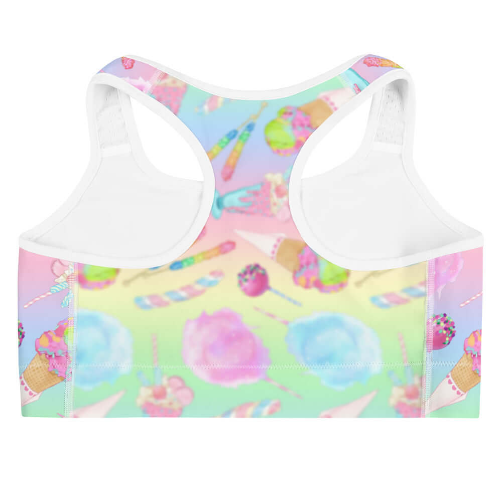 Rainbow Candy Sports bra features a colorful design inspired by sweet treats, perfect for vibrant workouts.