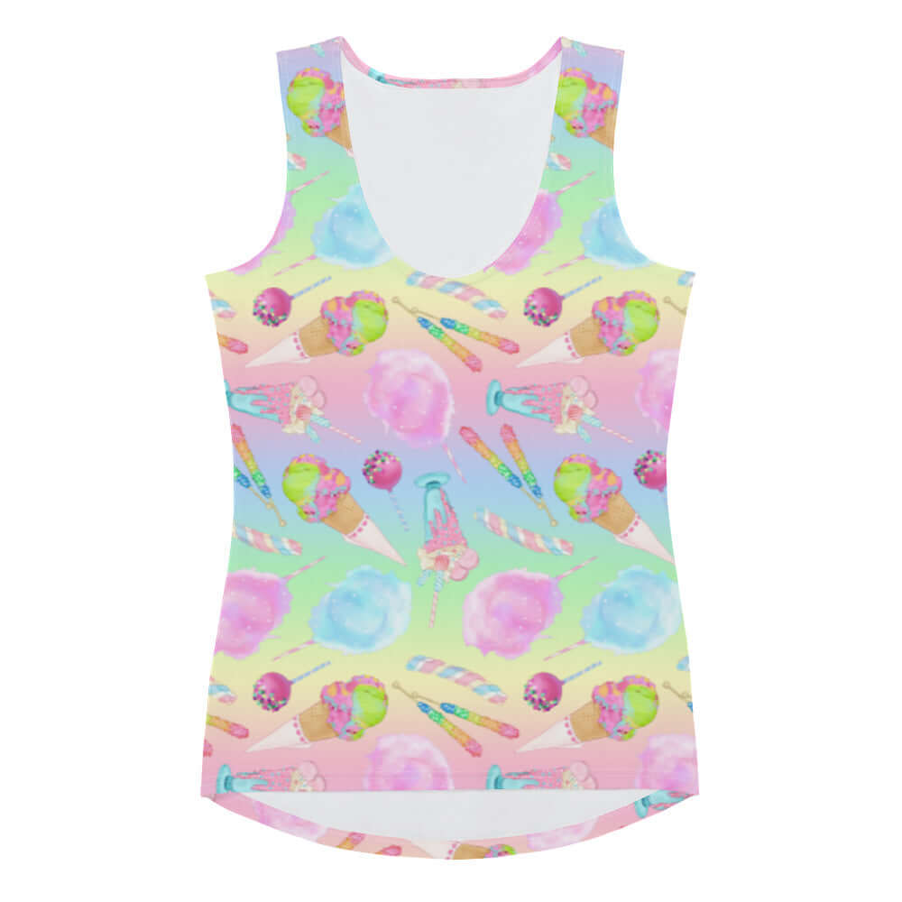 Colorful Rainbow Candy Tank Top featuring playful ice cream and candy designs, perfect for summer festivals and sun outings.