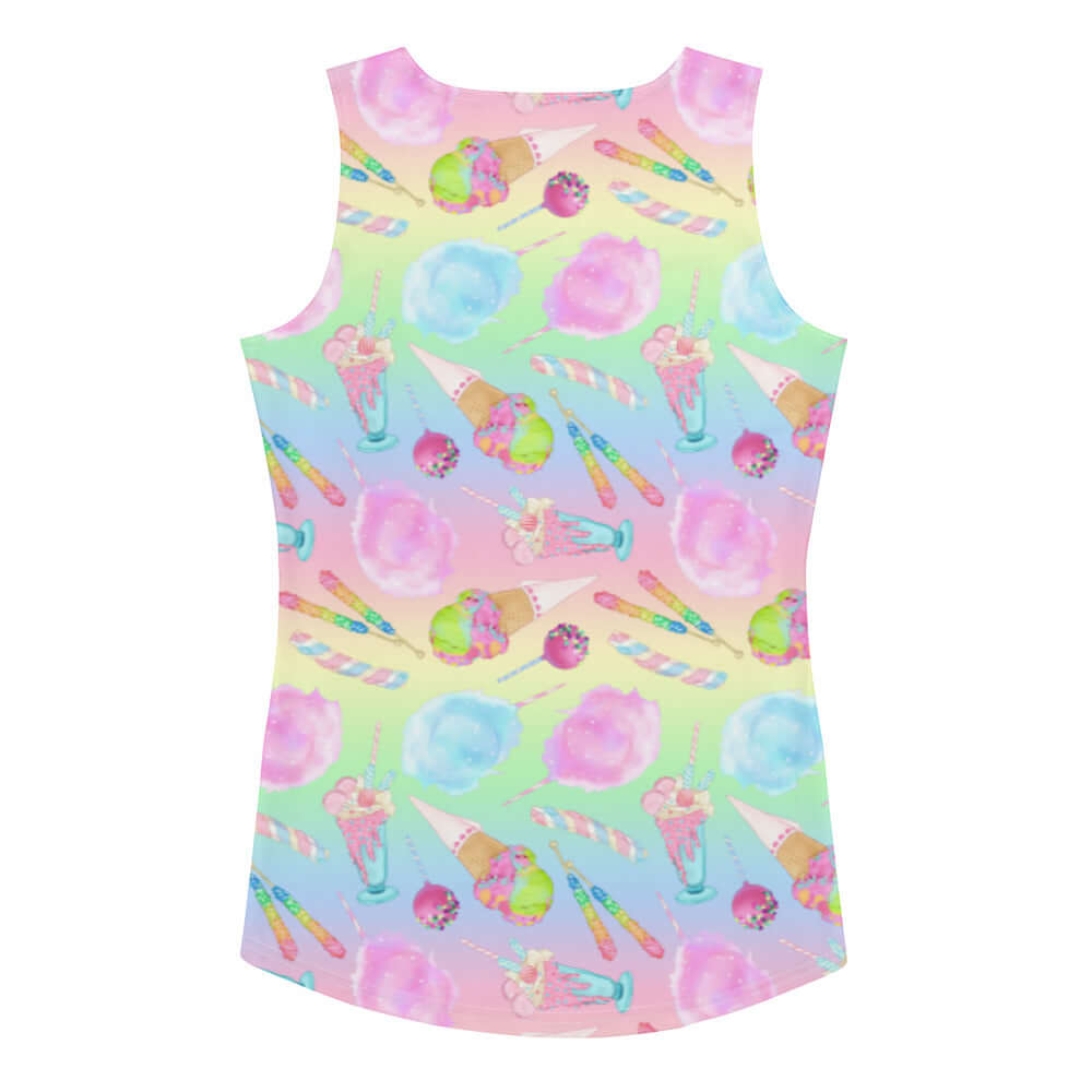 Bright and fun Rainbow Candy Tank Top featuring a vibrant, playful design perfect for summer outings and festivals.