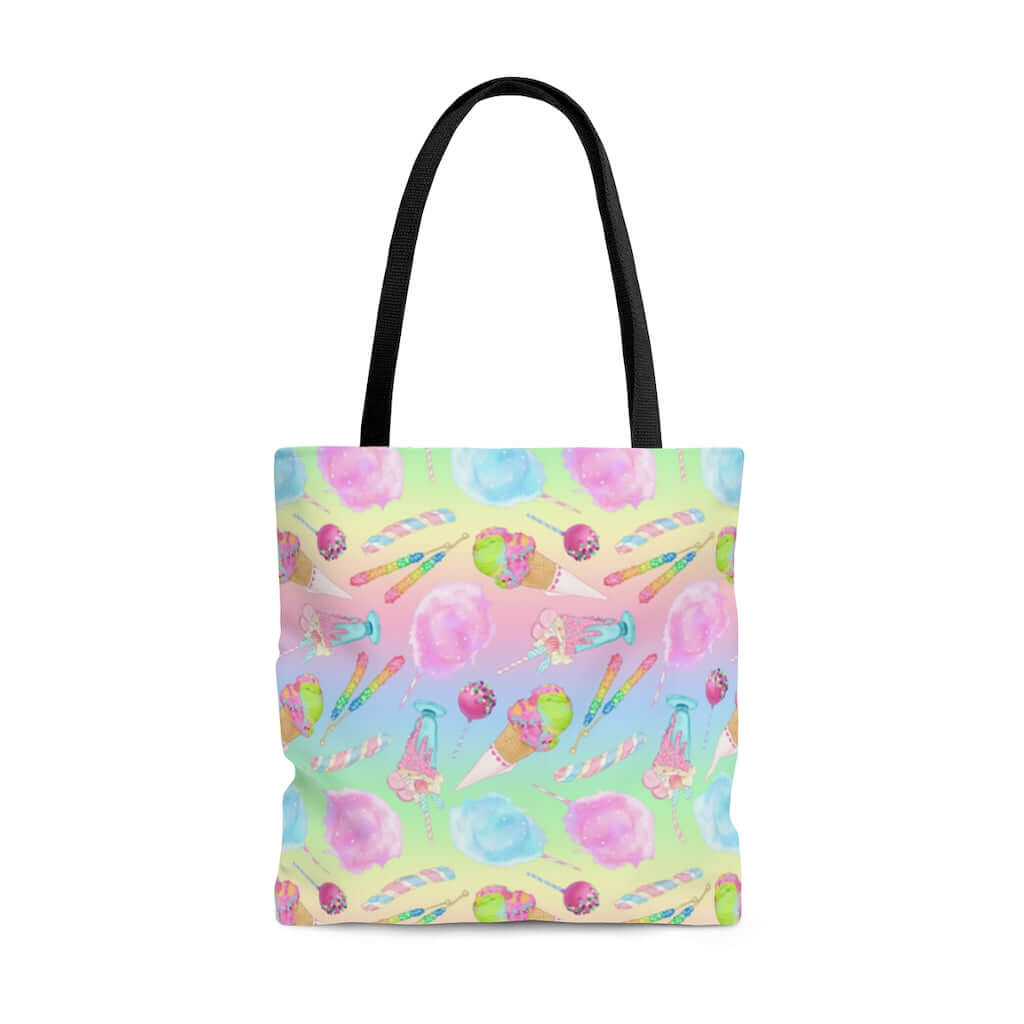 Colorful Rainbow Candy Tote Bag featuring a sweet treat design, perfect for summer outings. Lightweight and stylish.