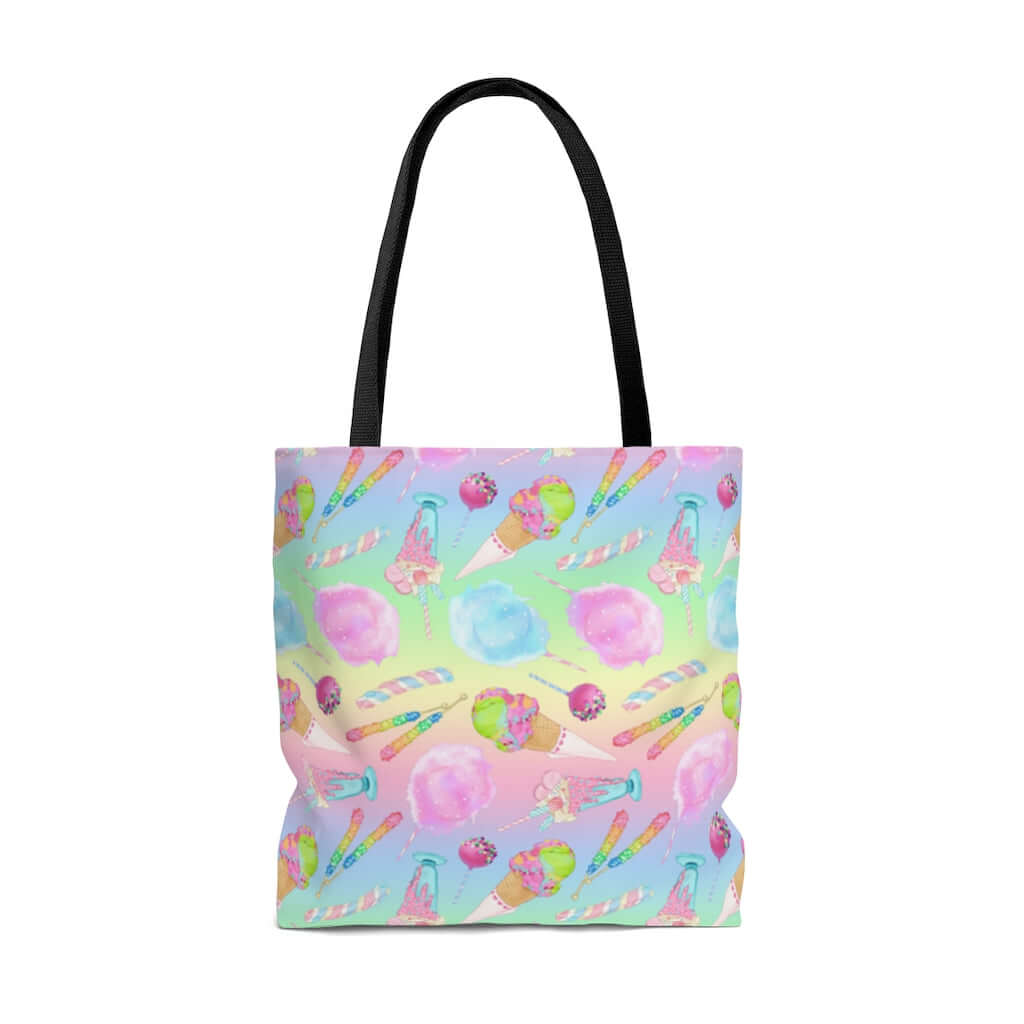 Bright and cheerful Rainbow Candy Tote Bag featuring pastel colors and sweet treat designs, perfect for summer outings.