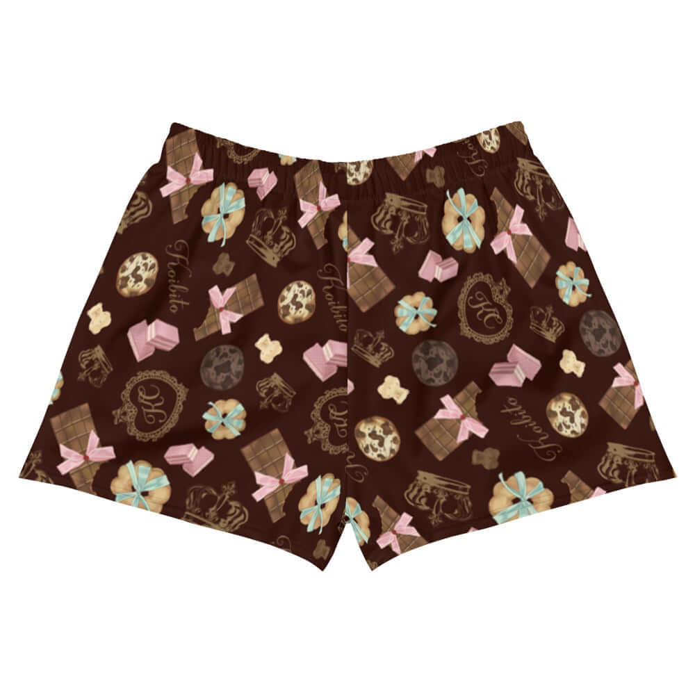 Royal Cookie Athletic Short Shorts feature a fun chocolate-themed pattern, perfect for comfort and mobility during workouts.