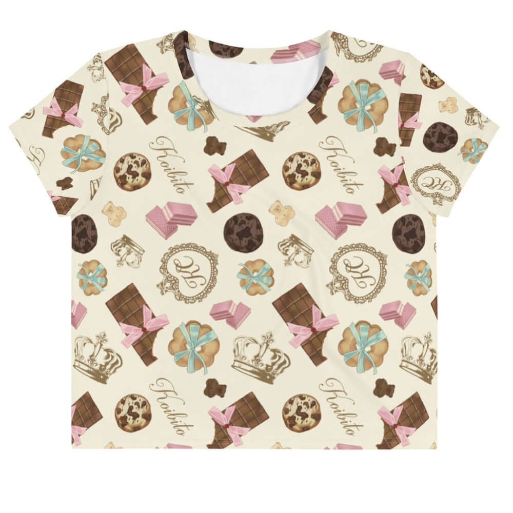 Stylish Royal Cookie Crop Top featuring a sweet dessert pattern, perfect for summer outings and tea parties.
