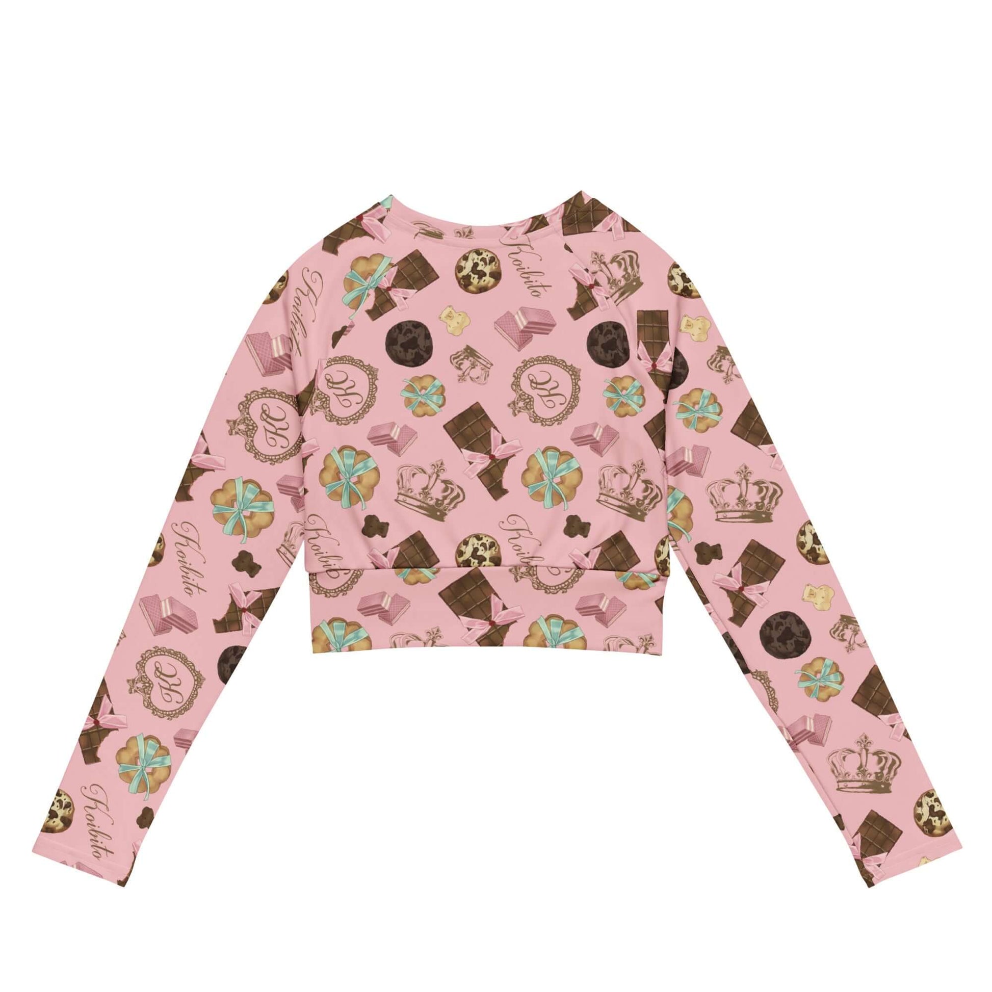 Stylish Royal Cookie Long-sleeved Crop Top features a fun print, perfect for eco-friendly athleisure wear.