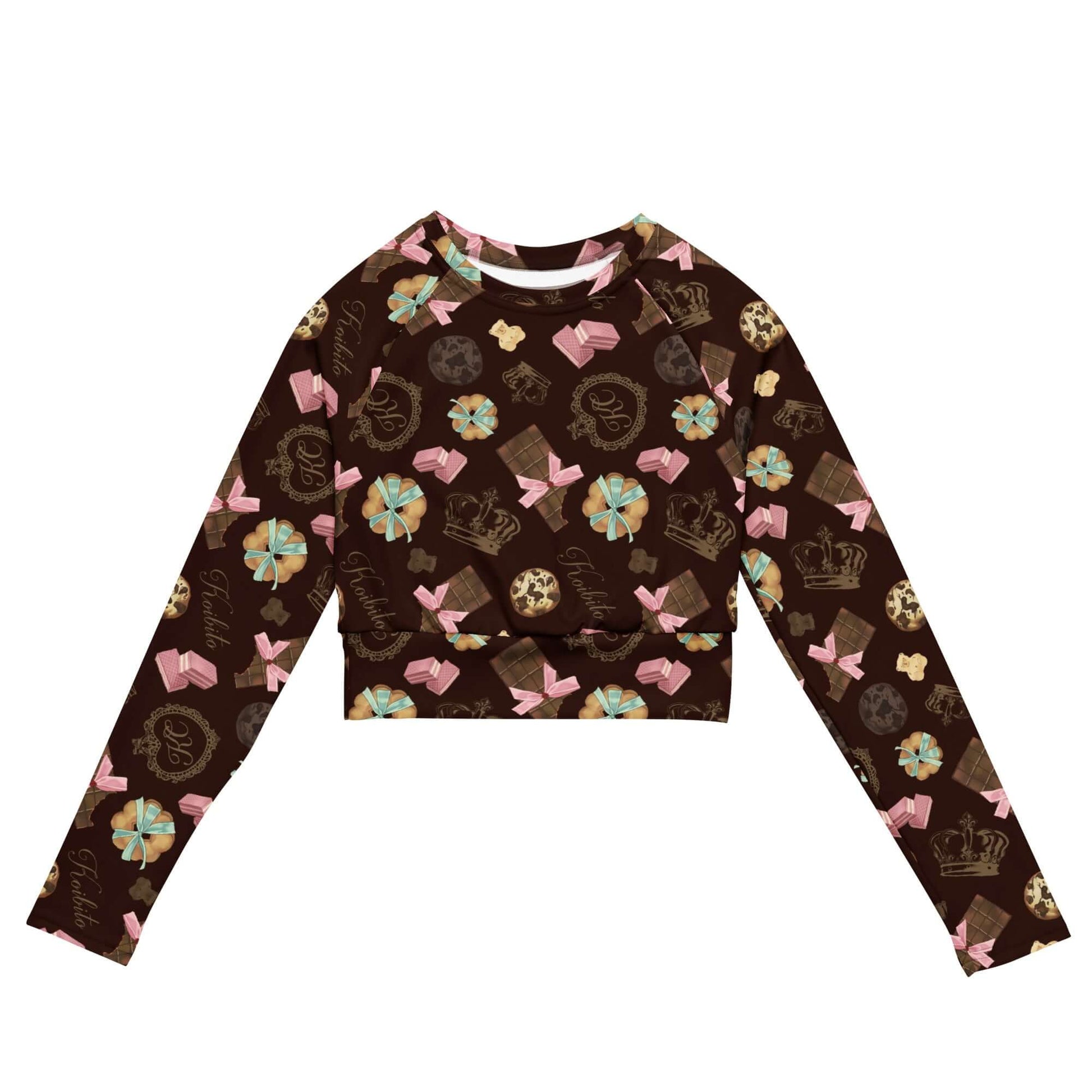 Royal Cookie Long-sleeved Crop Top features a unique print, made from recycled materials for eco-friendly athleisure.