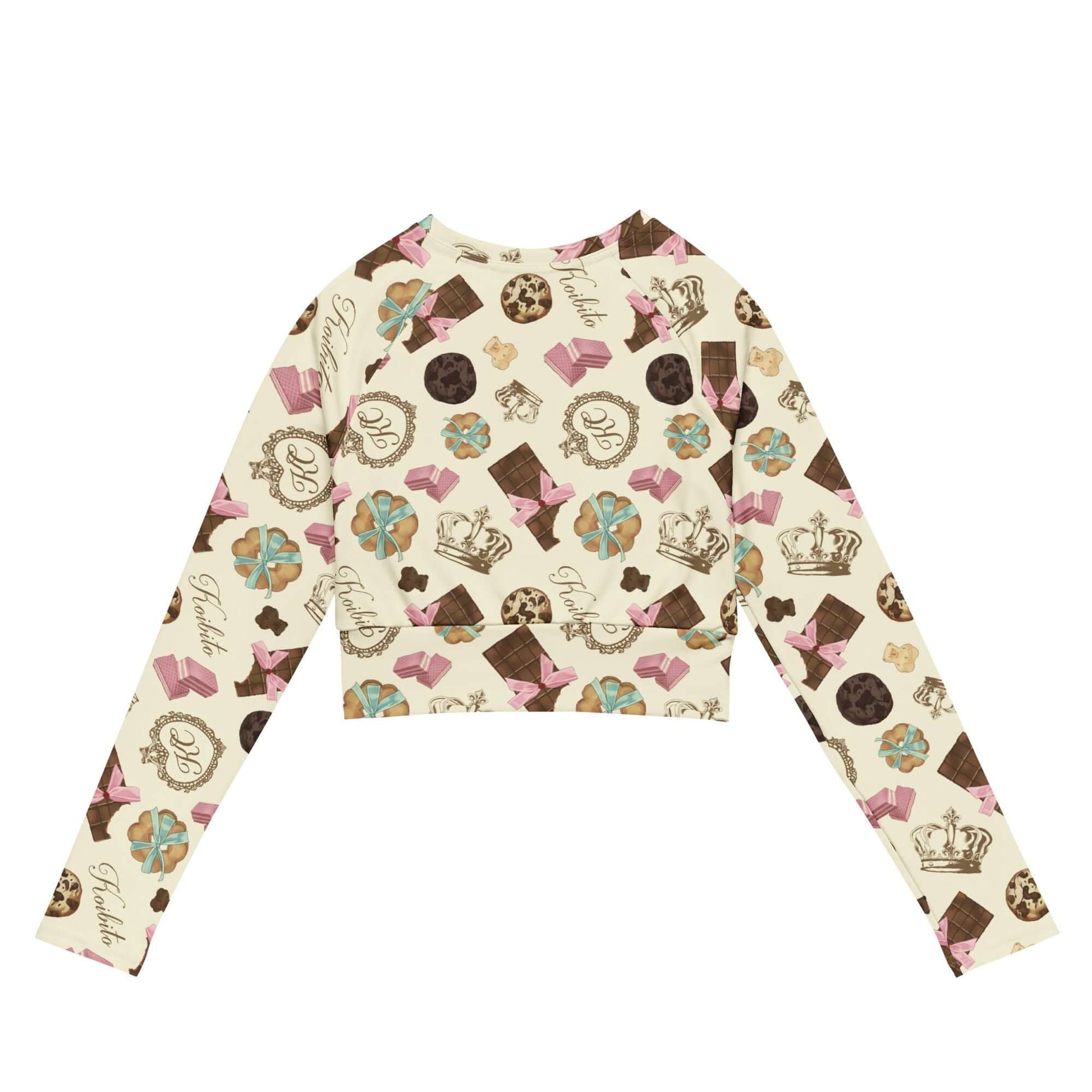 Royal Cookie Long-sleeved Crop Top features a fun dessert print, eco-friendly fabric, perfect for athleisure styles.