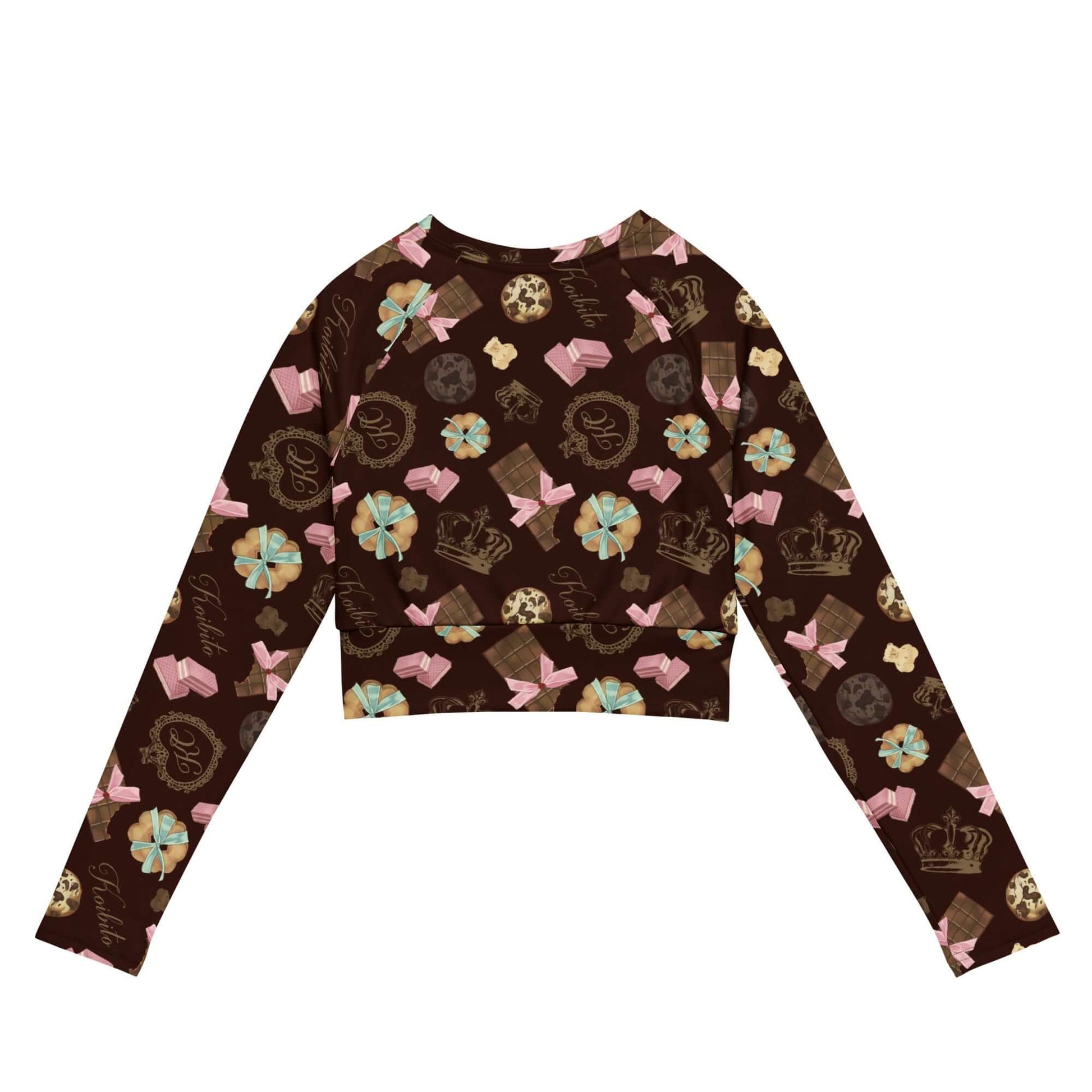 Stylish Royal Cookie Long-sleeved Crop Top featuring a fun pattern, perfect for eco-friendly athleisure looks.