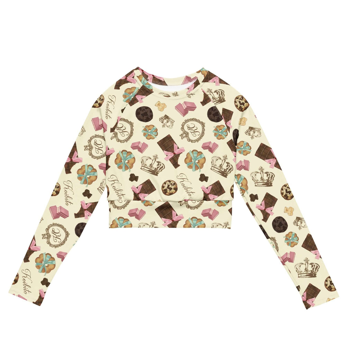 Royal Cookie Long-sleeved Crop Top features a playful design, ideal for eco-friendly athleisure and sportswear.