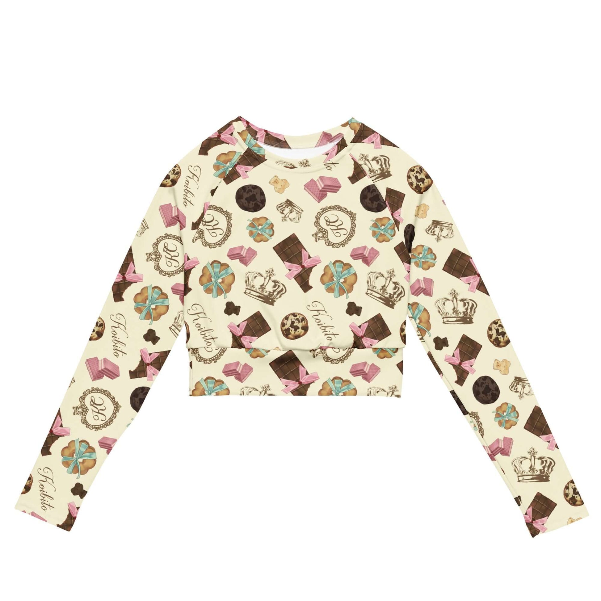 Royal Cookie Long-sleeved Crop Top features a playful design, ideal for eco-friendly athleisure and sportswear.