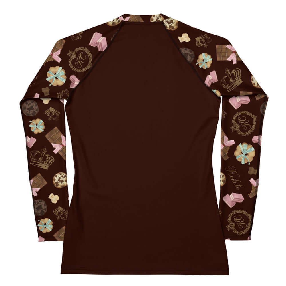 Stylish Royal Cookie Rash Guard featuring a unique chocolate-themed design for active outdoor adventures.