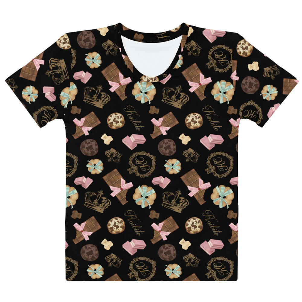 Playful Royal Cookie T-shirt featuring a vibrant chocolate pattern, perfect for stylish comfort on the go.