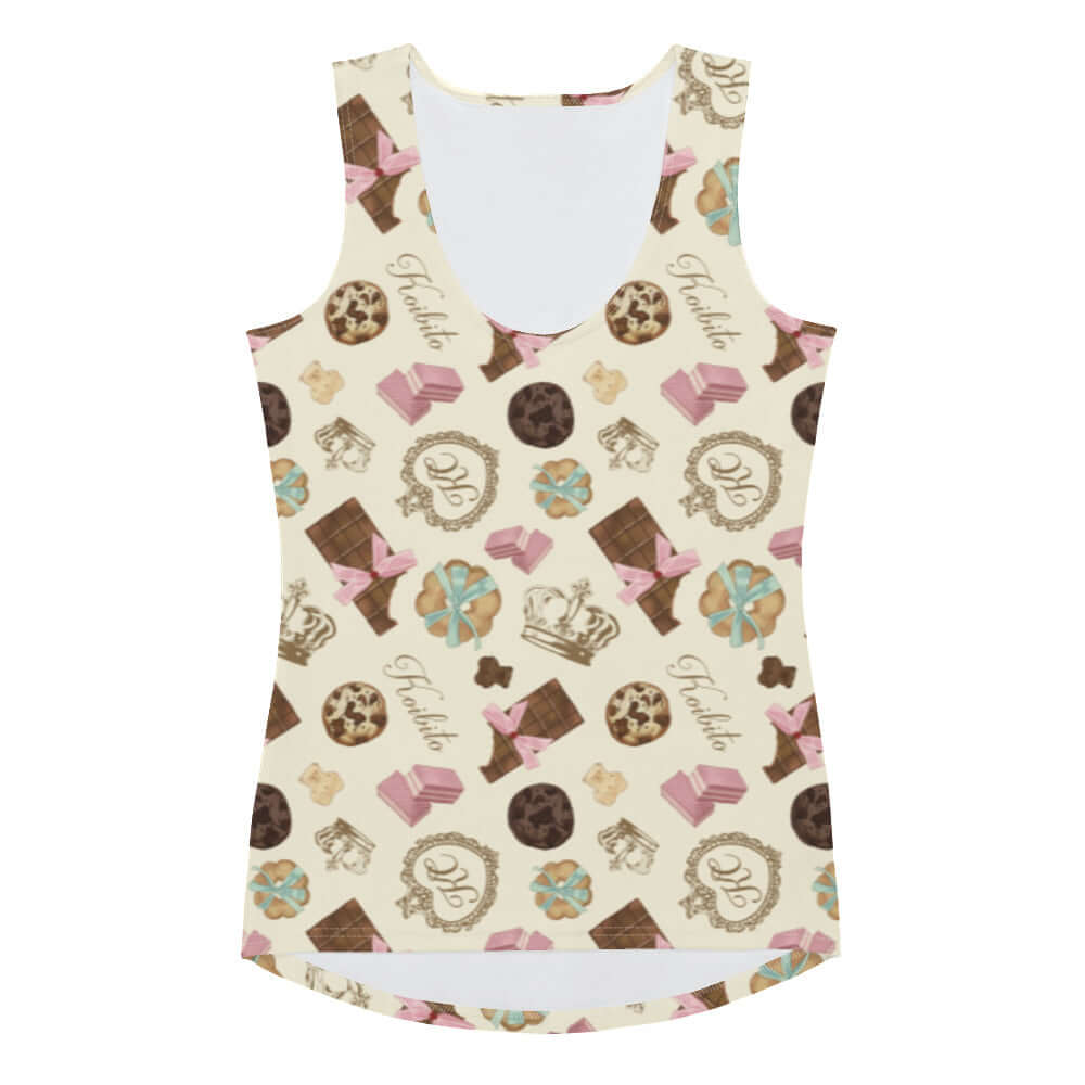 Playful Royal Cookie Tank Top featuring a delicious chocolate design, perfect for a stylish day out. Order one size down!