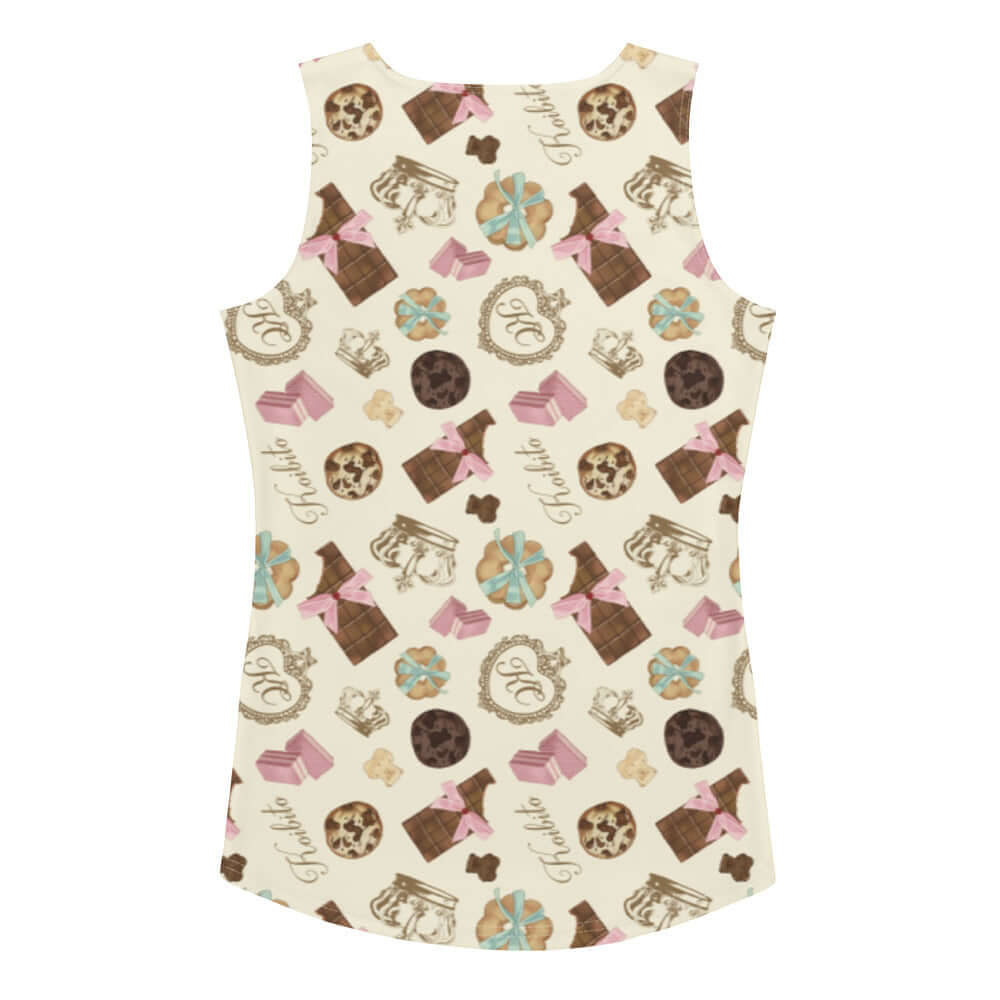 Stylish Royal Cookie Tank Top featuring playful chocolate patterns, perfect for a fun and chic look.