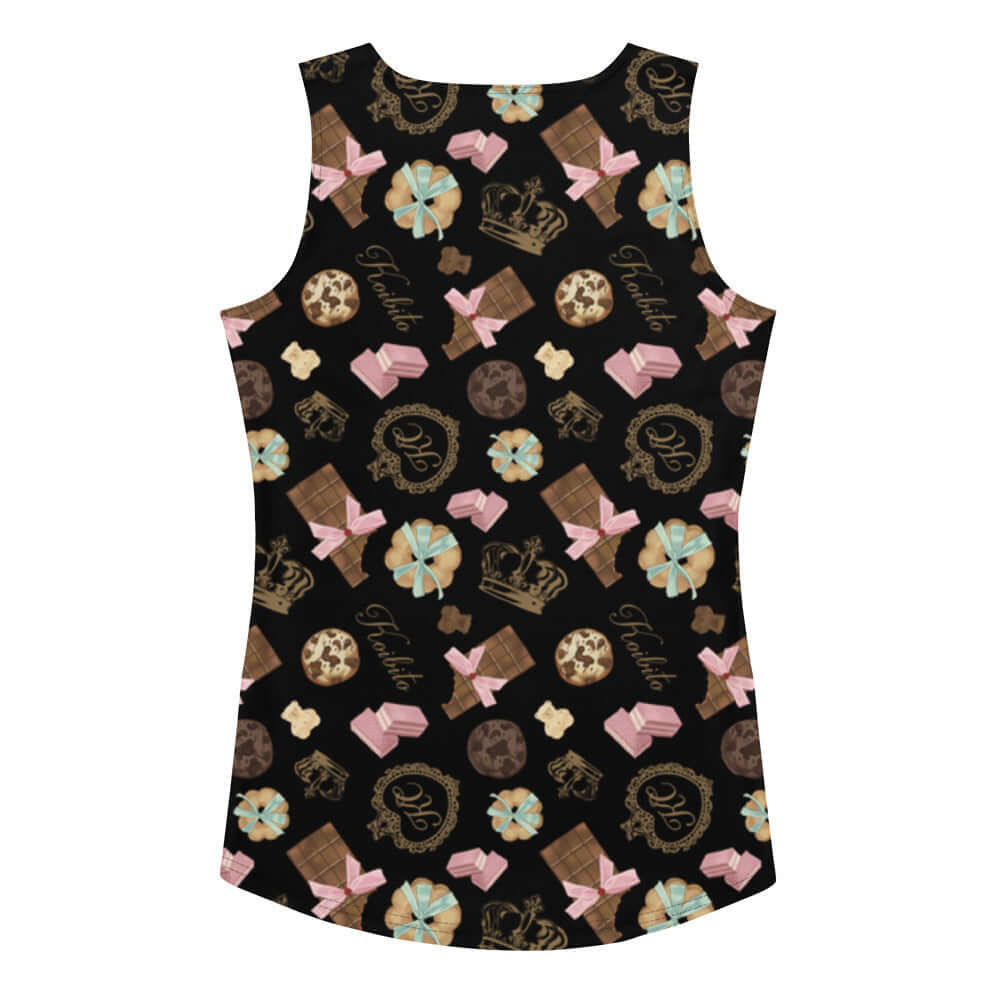Stylish Royal Cookie Tank Top features a playful chocolate pattern, perfect for a fun, body-hugging fit.
