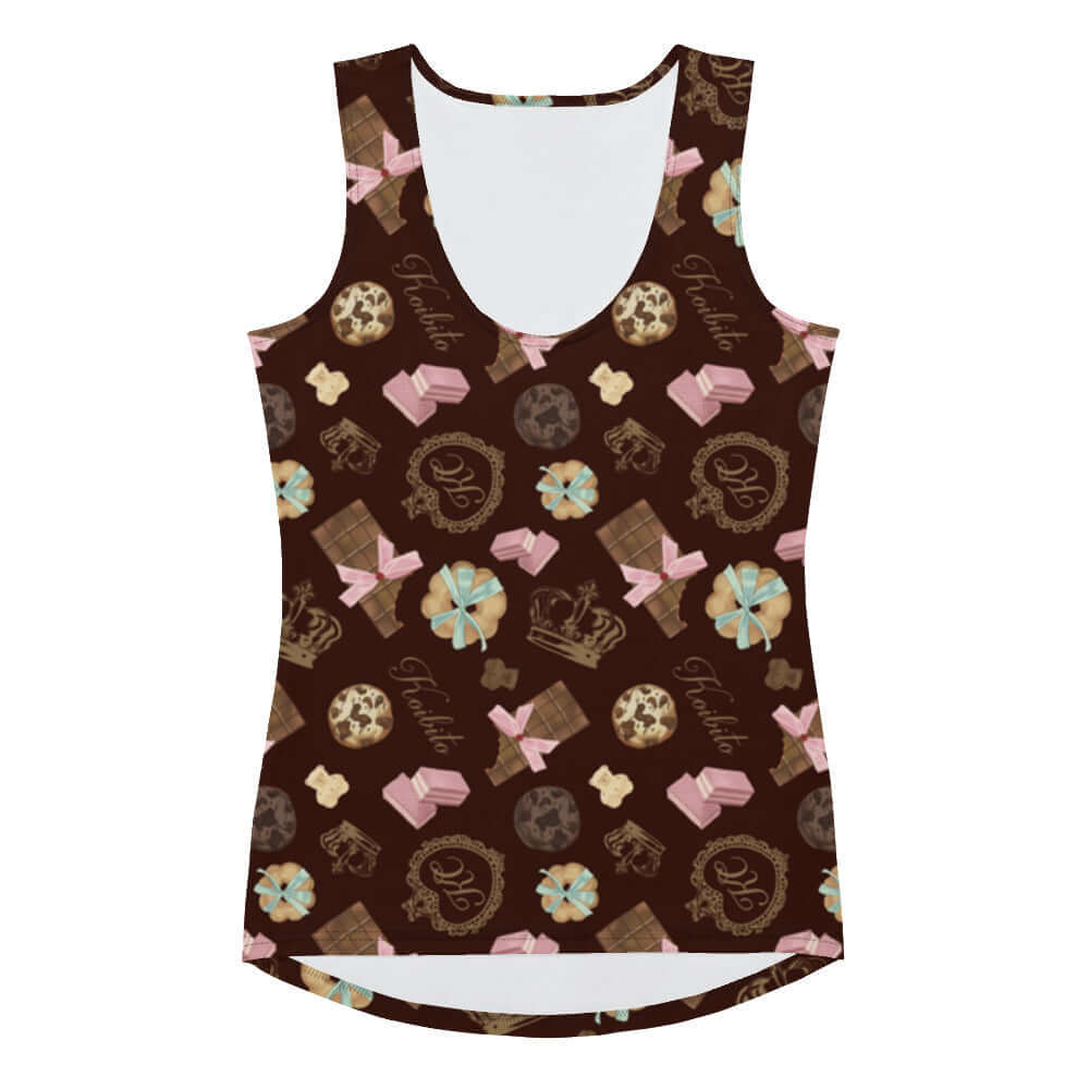 Playful Royal Cookie Tank Top featuring a fun chocolate design, perfect for a stylish summer look.