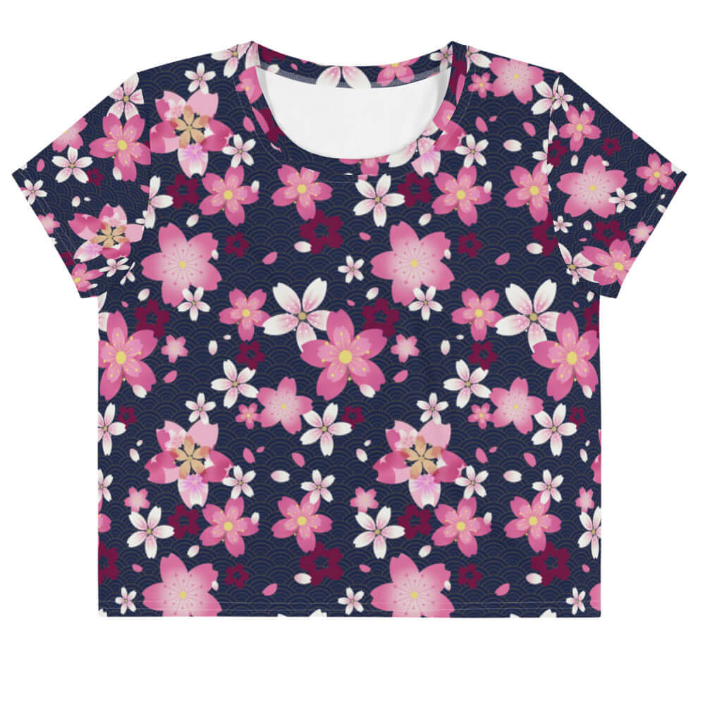Bright floral pattern on the Sakura Crop Top, perfect for sunny days out and casual outings. Ideal for springtime style!