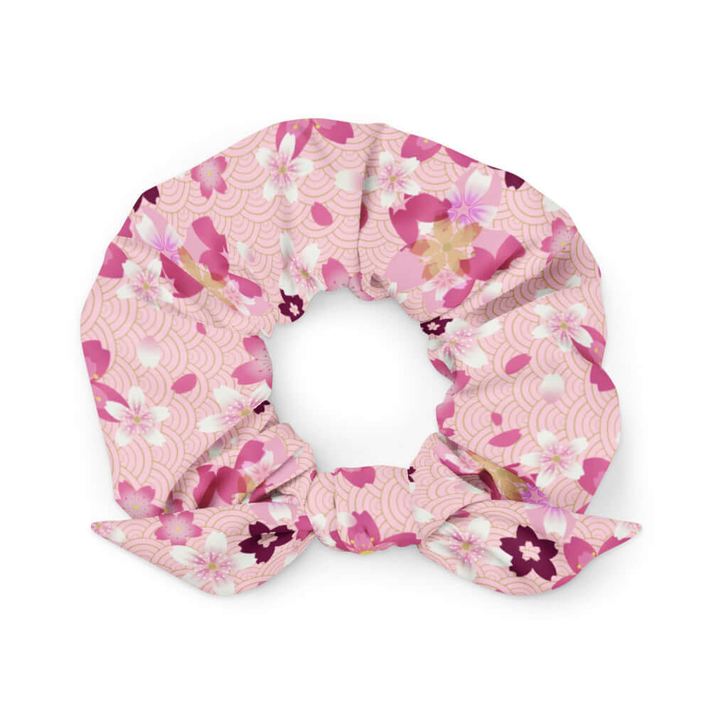 Sakura Scrunchie features a beautiful floral design, perfect for adding a kawaii touch to any outfit.