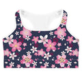 Sakura Sports bra features a vibrant floral design, perfect for stylish workouts while staying comfortable and dry.