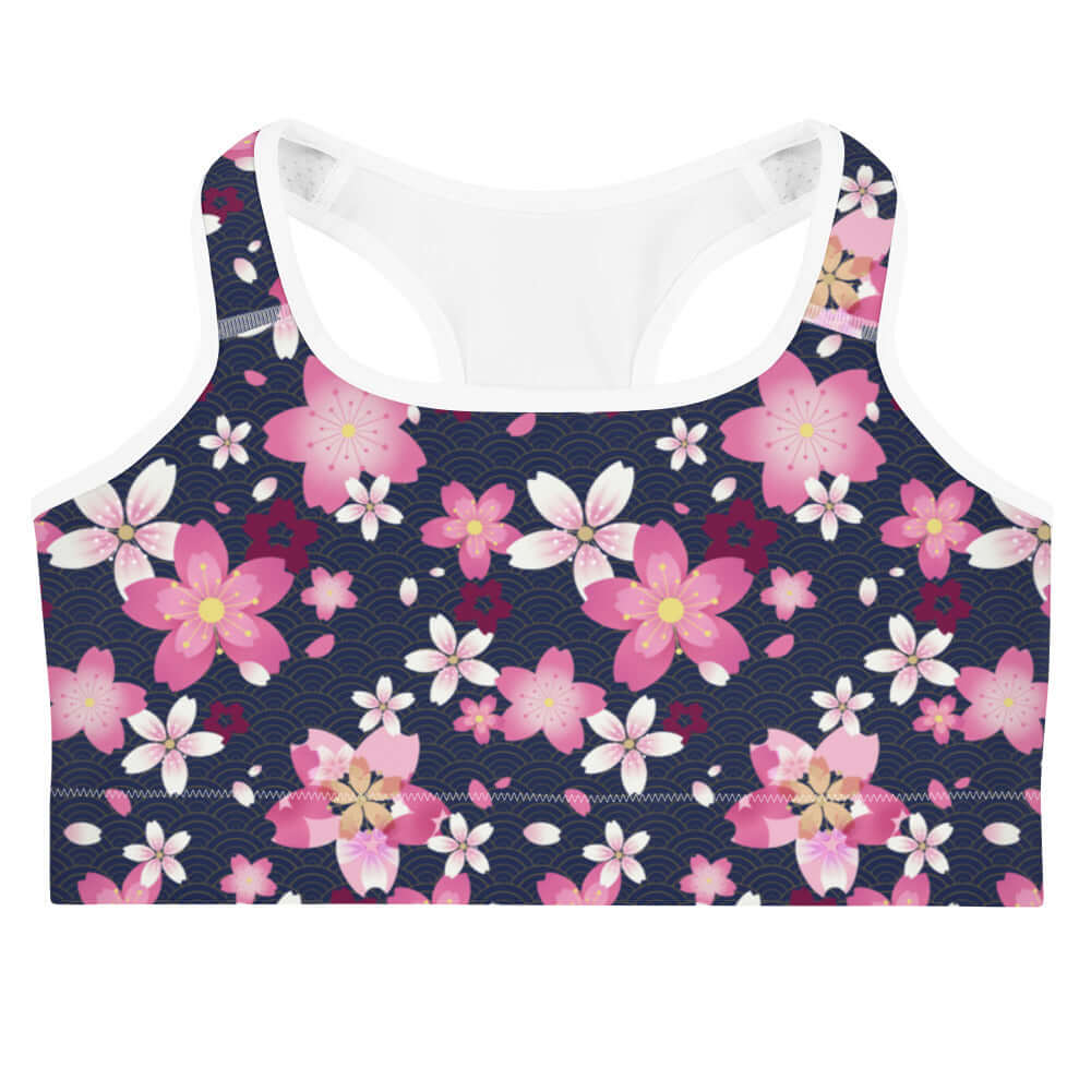 Sakura Sports bra features a vibrant floral design, perfect for stylish workouts while staying comfortable and dry.