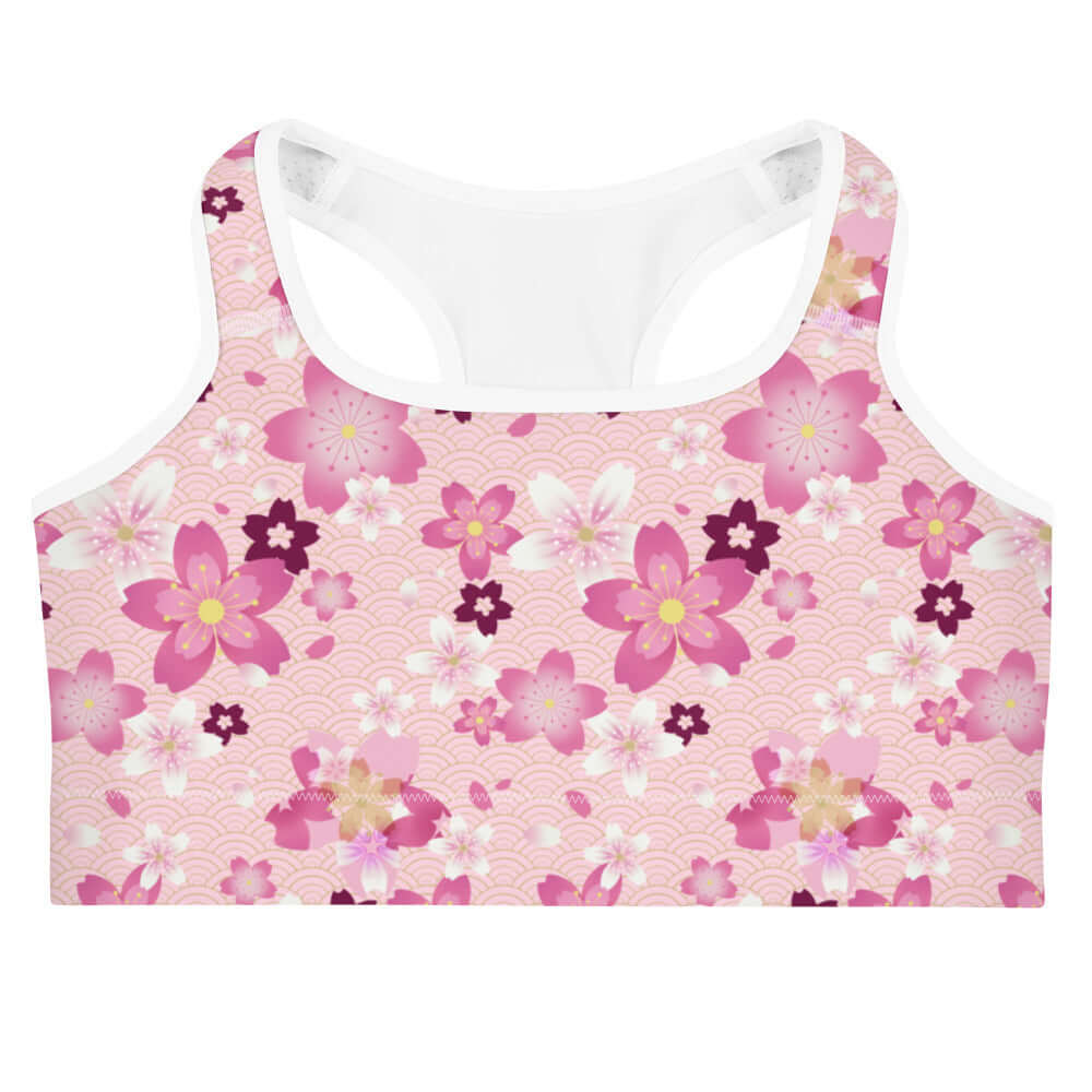 Sakura Sports bra features a whimsical floral design, perfect for stylish workouts while staying dry and comfy.