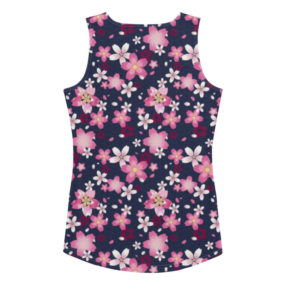 Floral design of the Sakura Tank Top, perfect for spring outfits and active wear, featuring 82% polyester and 18% spandex.