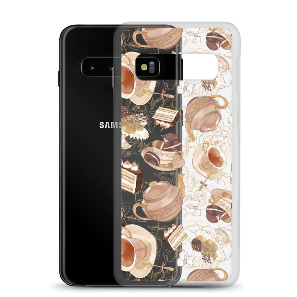 Café Samsung® Clear Case showcases a stylish design with coffee-themed graphics, perfect for any aesthetic.