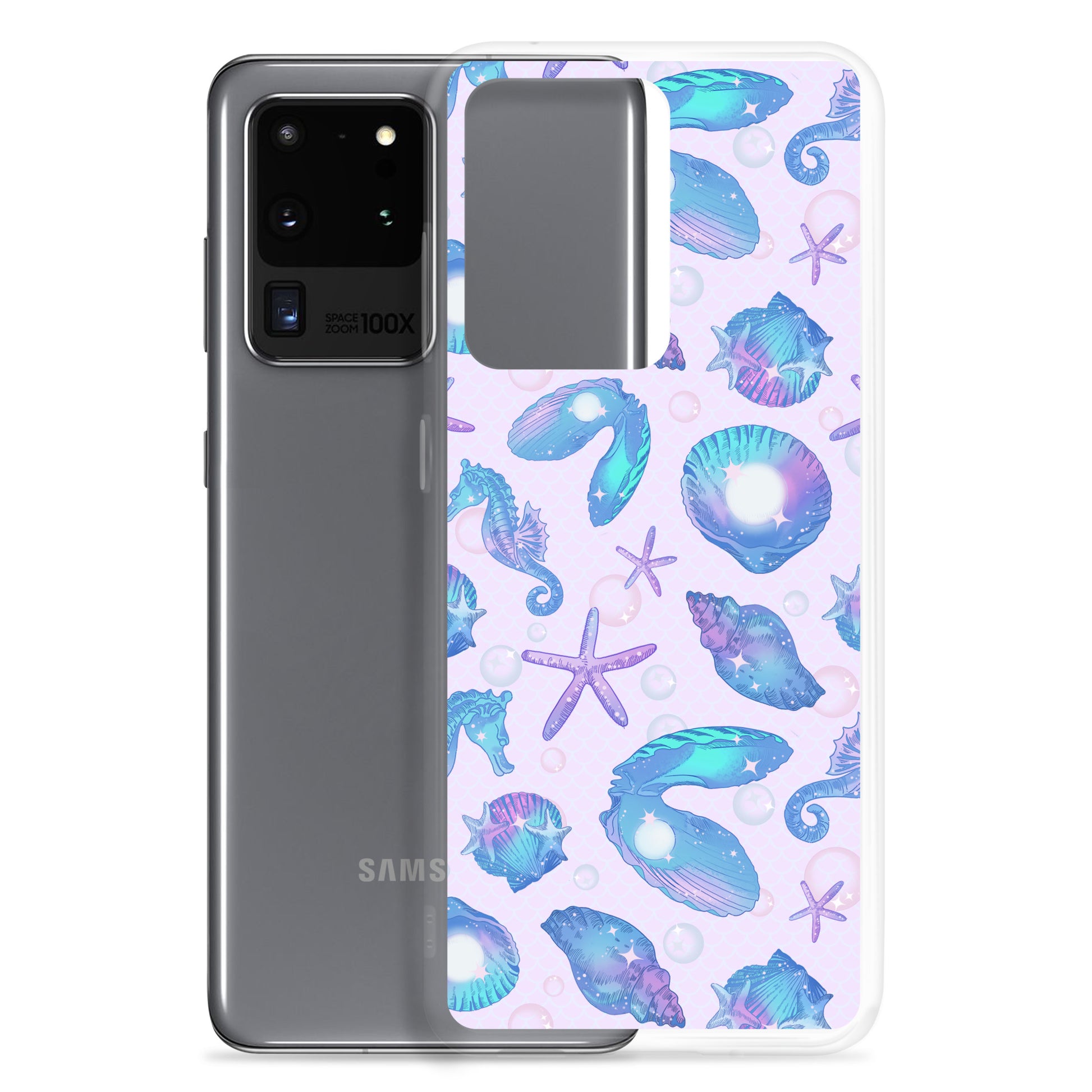 Stylish Sea Princess Samsung® Clear Case adorned with seashells and sparkles, perfect for protecting your phone in style.