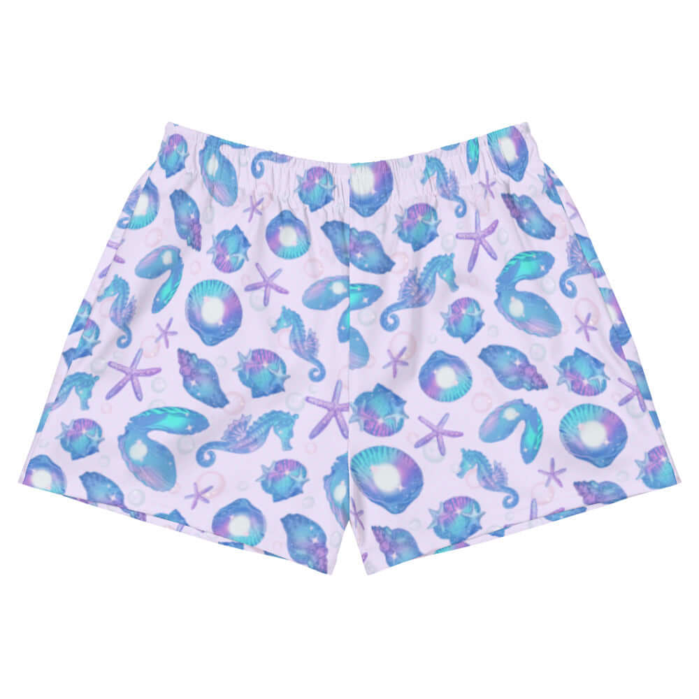 Stylish Sea Princess Athletic Short Shorts with a fun shell pattern, perfect for summer workouts or beach days.