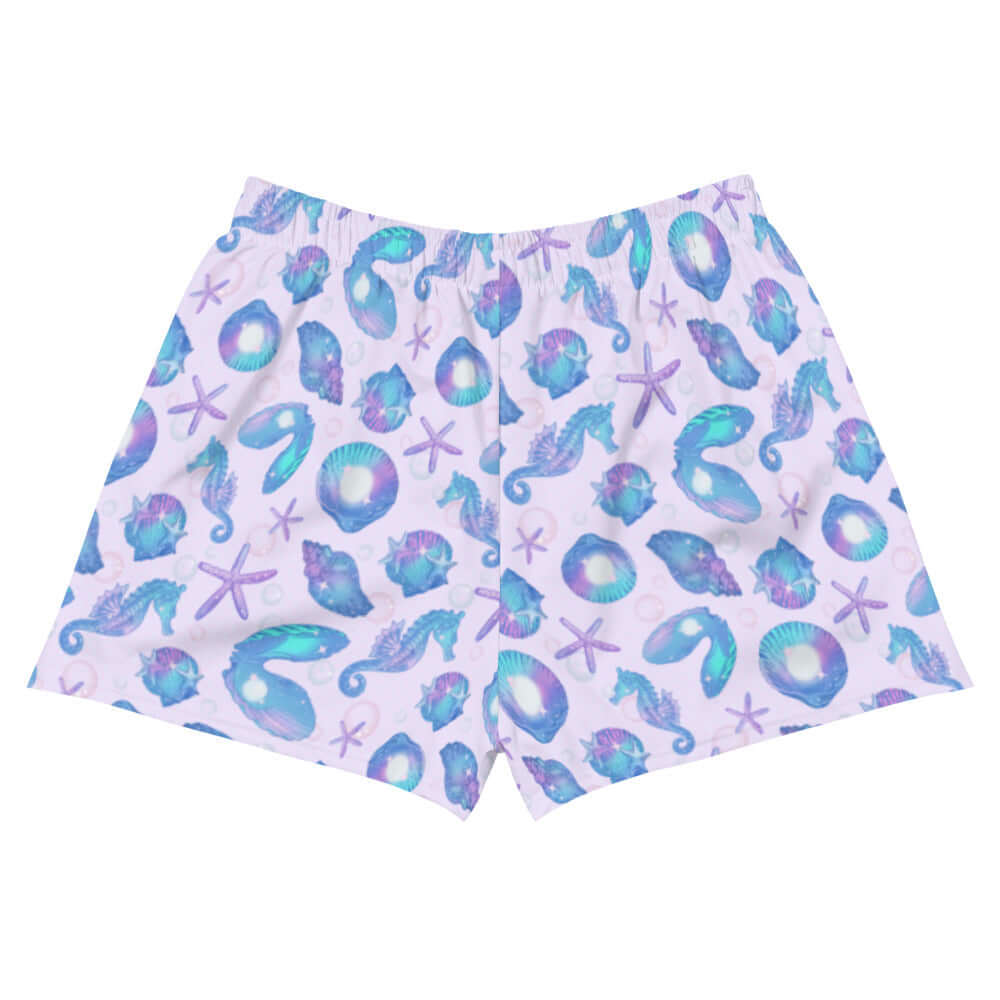 Discover the Sea Princess Athletic Short Shorts, perfect for summer workouts or beach outings with a vibrant seashell design.