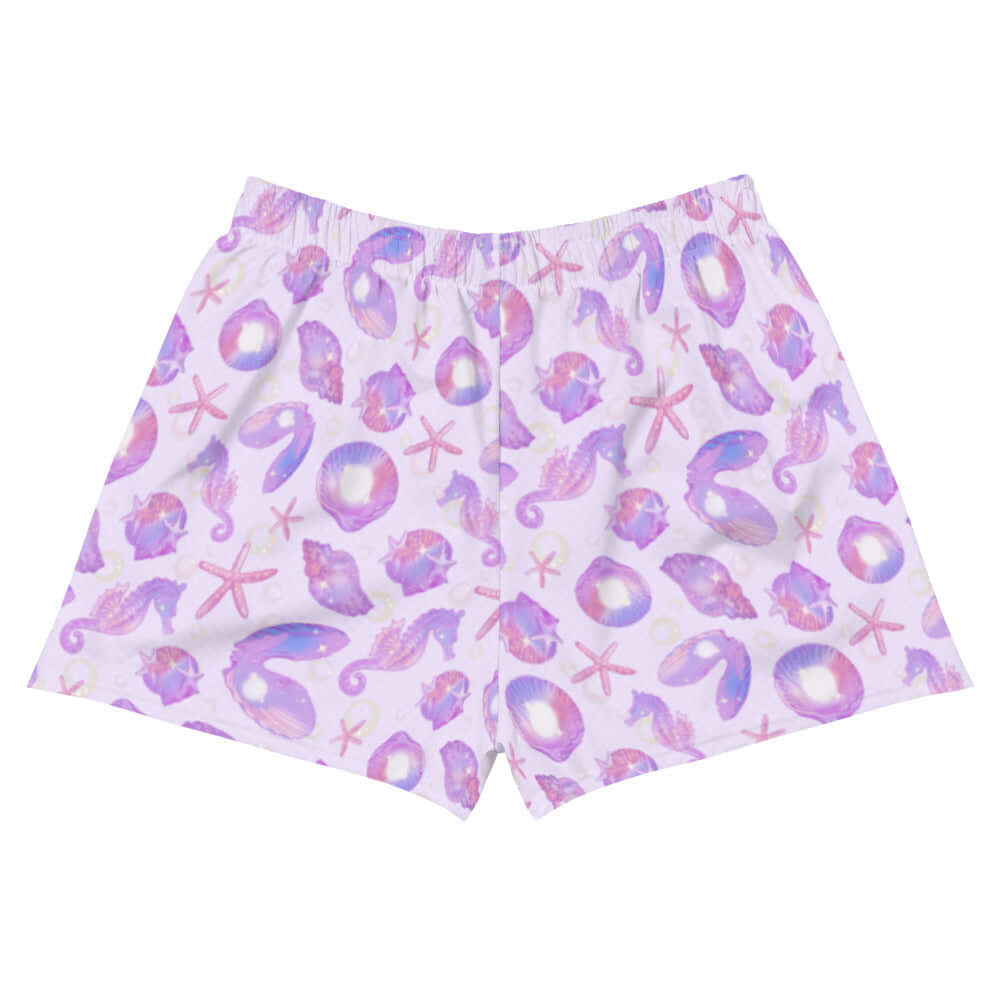 Shop the Sea Princess Athletic Short Shorts, perfect for summer fun at the gym or beach with a vibrant seashell design.