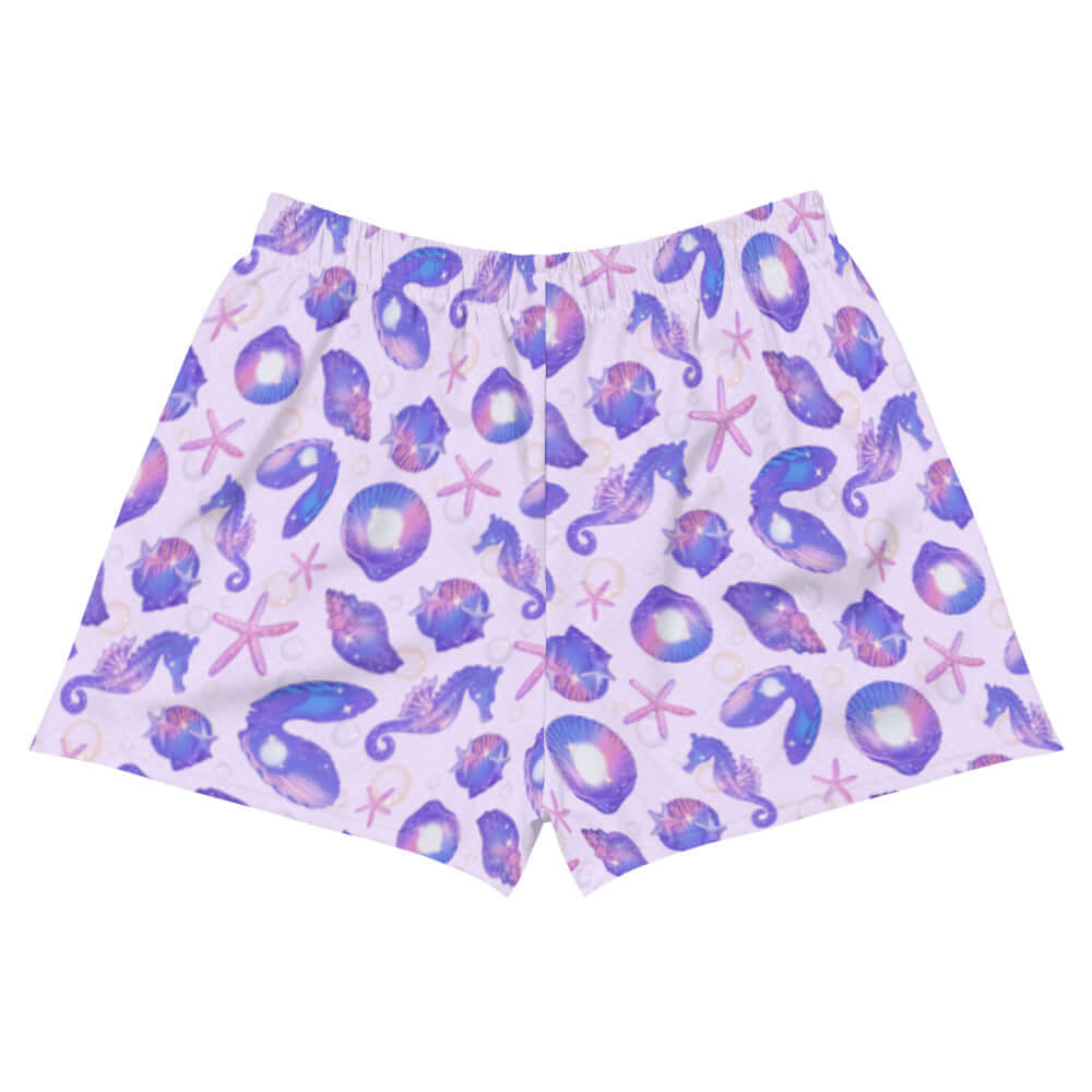 Sea Princess Athletic Short Shorts feature a colorful shell design, perfect for summer activities and beach fun.