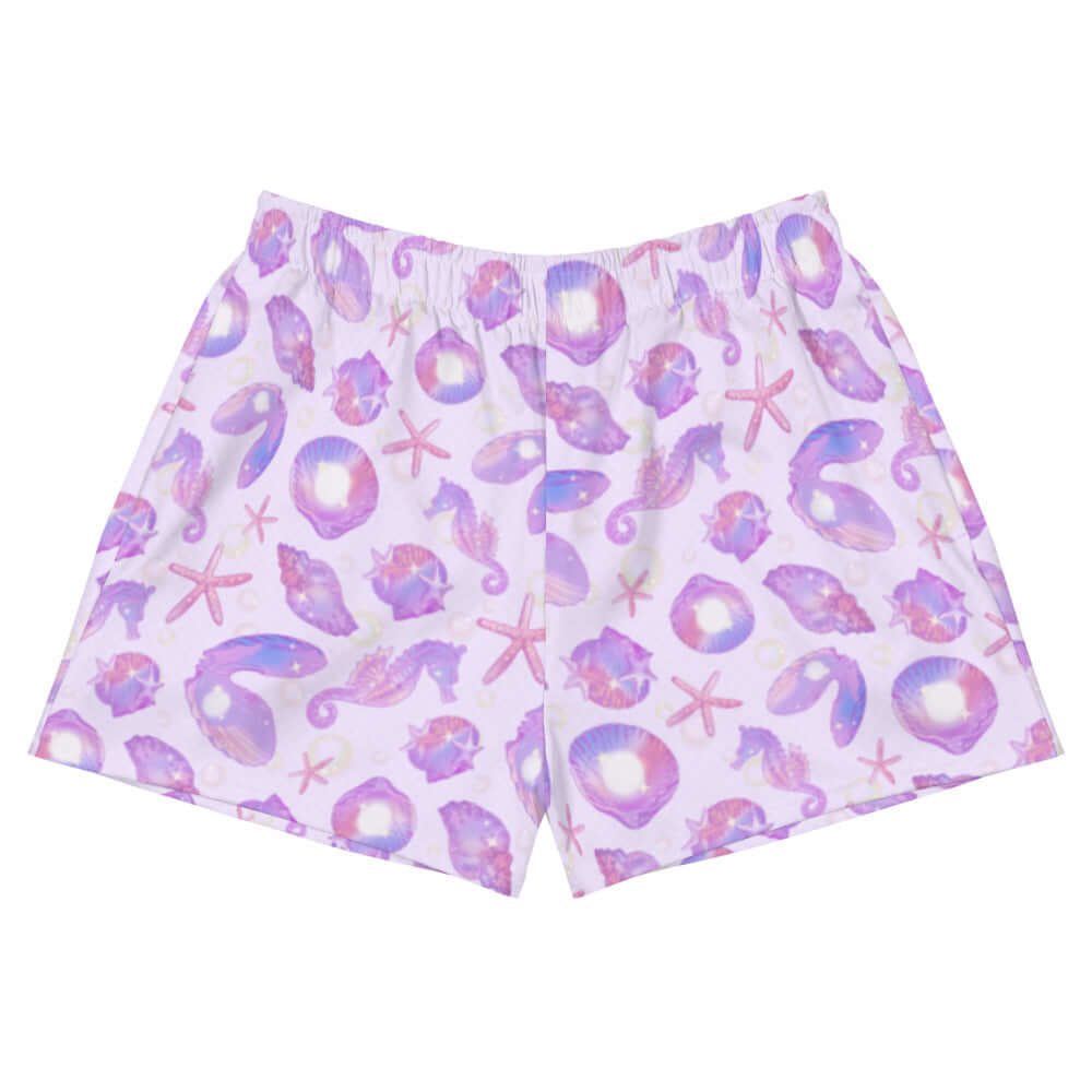 Sea Princess Athletic Short Shorts feature a vibrant seashell print, perfect for summer workouts or beach days.