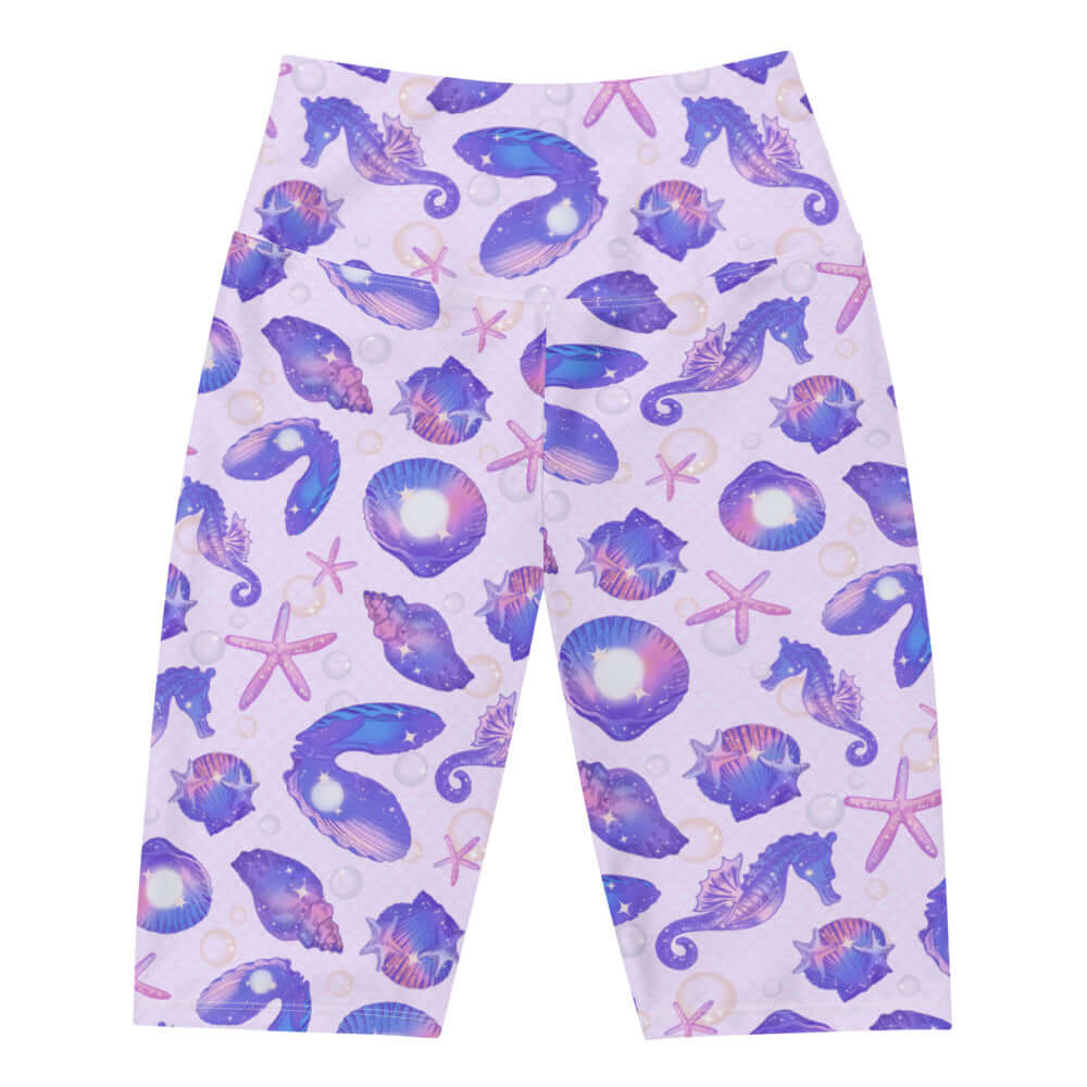 High-waisted Sea Princess Biker Shorts with a vibrant sea life print, perfect for summer workouts and beach runs.