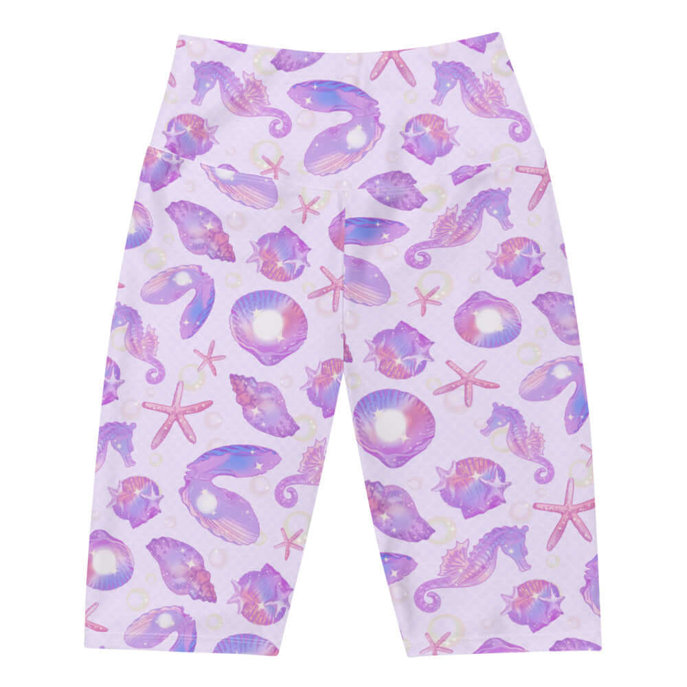High-waisted Sea Princess Biker Shorts featuring a vibrant seashell pattern, perfect for stylish summer adventures.