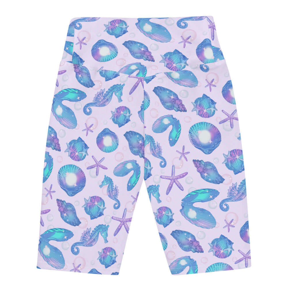 High-waisted Sea Princess Biker Shorts feature a vibrant ocean-themed print, perfect for summer workouts and beach runs.