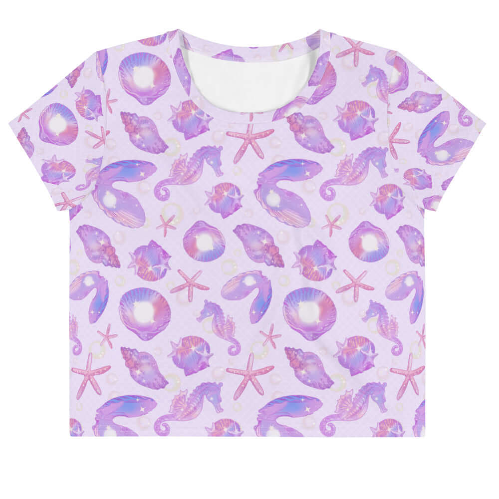 Stylish Sea Princess Crop Top features a vibrant seashell design, perfect for summer outings and casual wear.