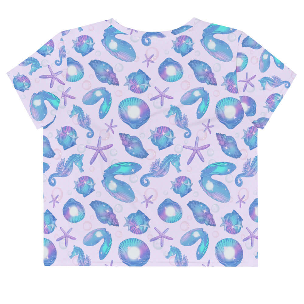Colorful Sea Princess Crop Top featuring seashells and starfish, perfect for summer outings and beachwear.