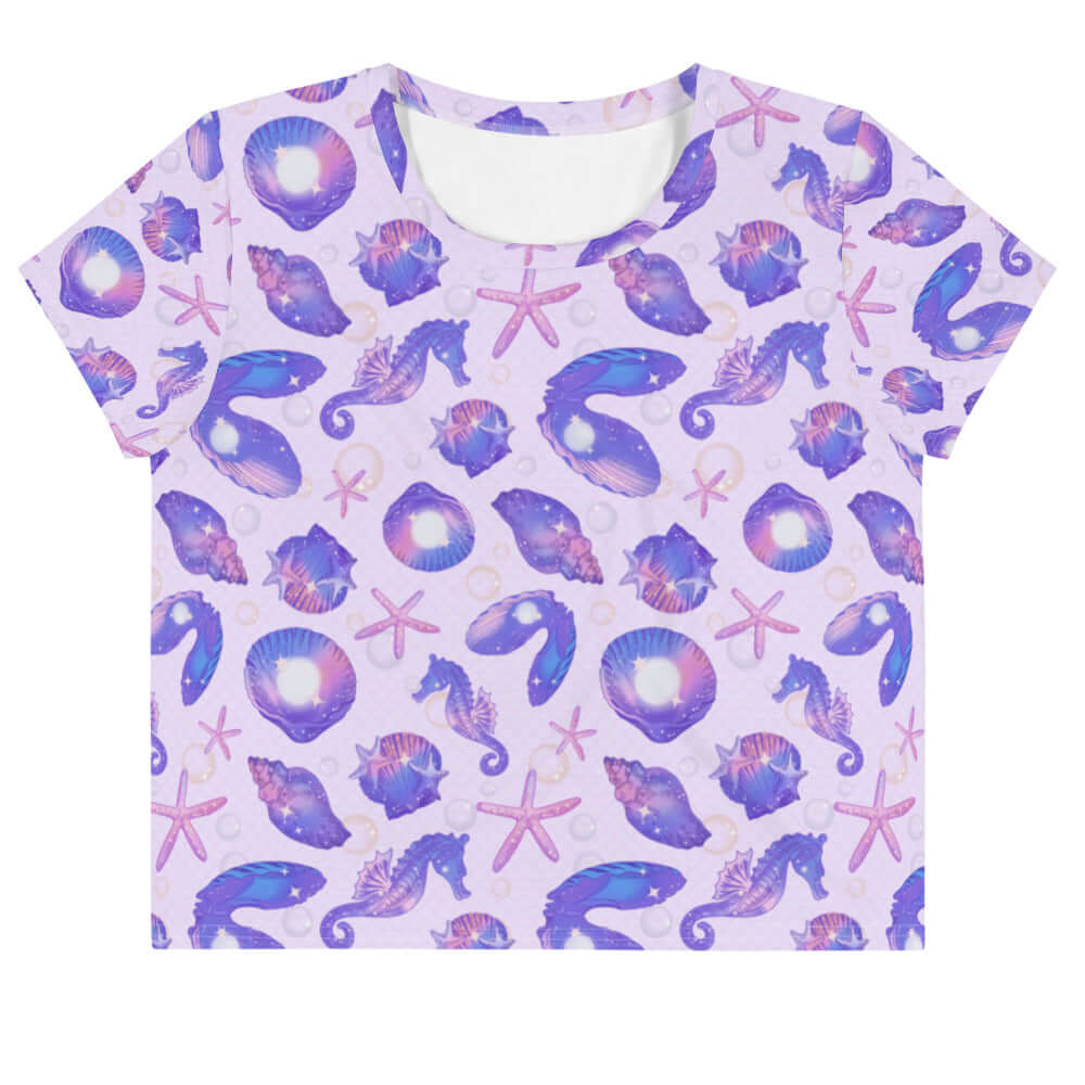 Pretty Sea Princess Crop Top featuring vibrant sea-themed prints, perfect for summer beach outings or gym sessions.