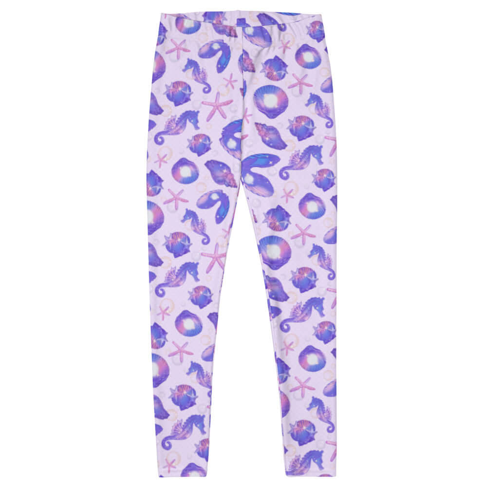 Sea Princess Leggings featuring vibrant seashell and starfish patterns for a fun, mermaid-inspired look.