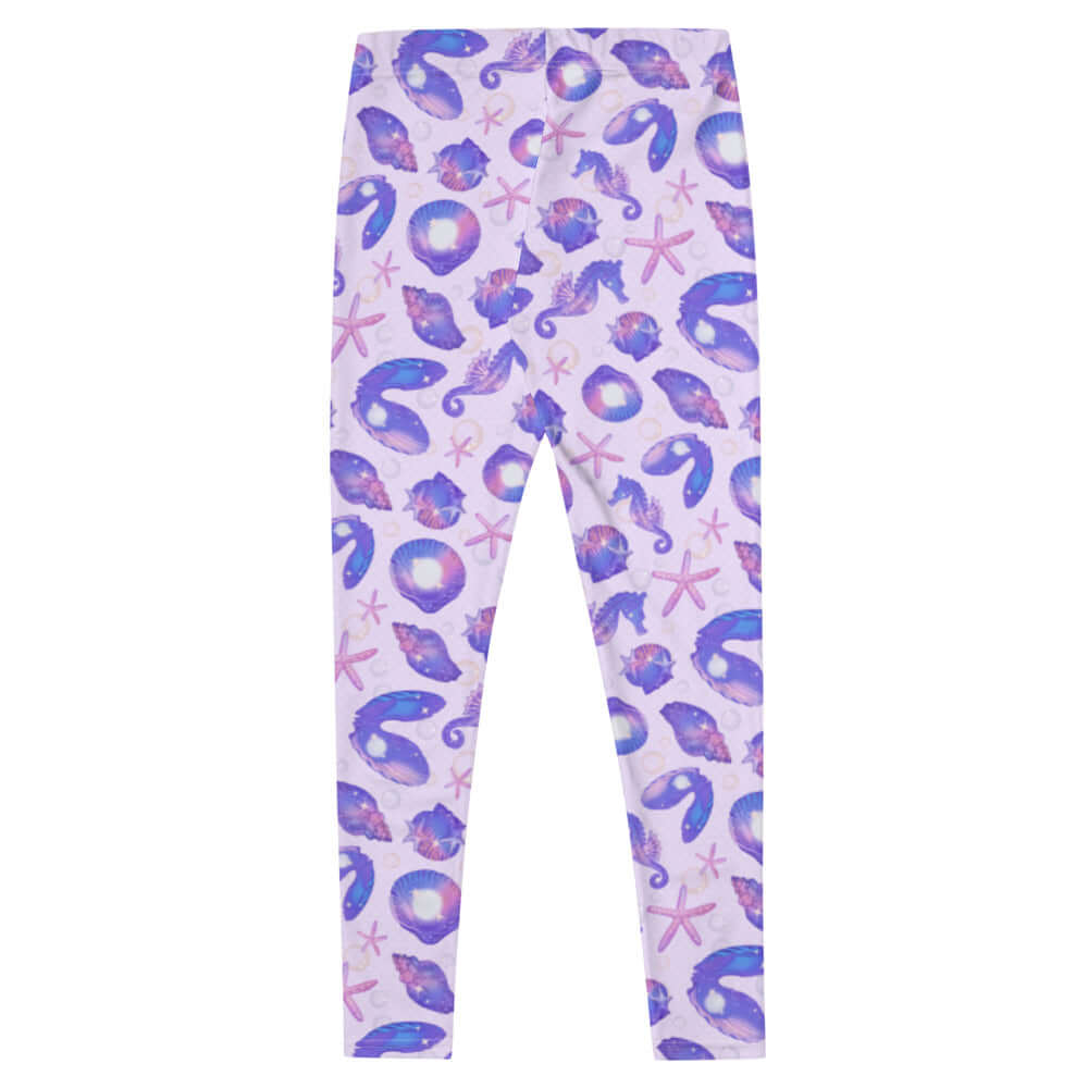 Stylish Sea Princess Leggings adorned with seashells, stars, and sparkles for a mermaid-inspired look.