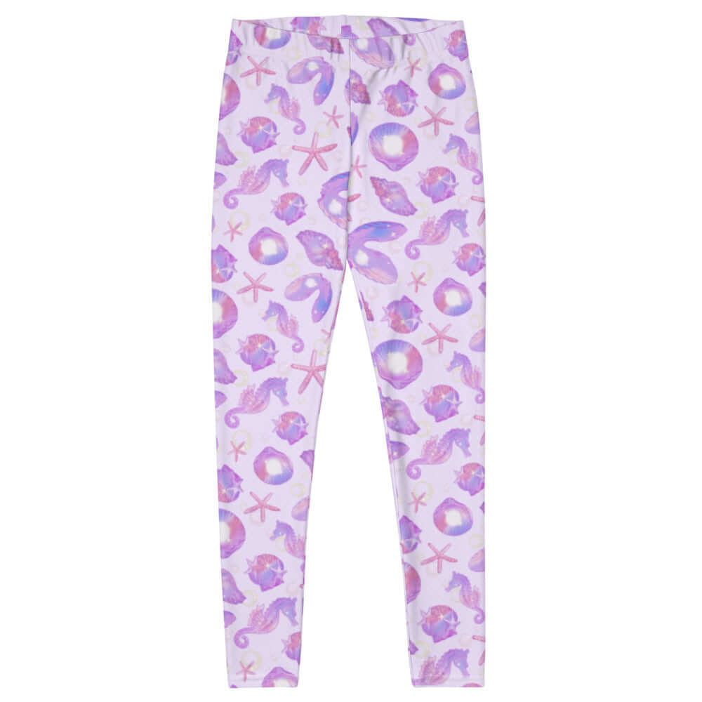 Stylish Sea Princess Leggings in pink with seashell and starfish patterns, perfect for mermaid-inspired outfits.